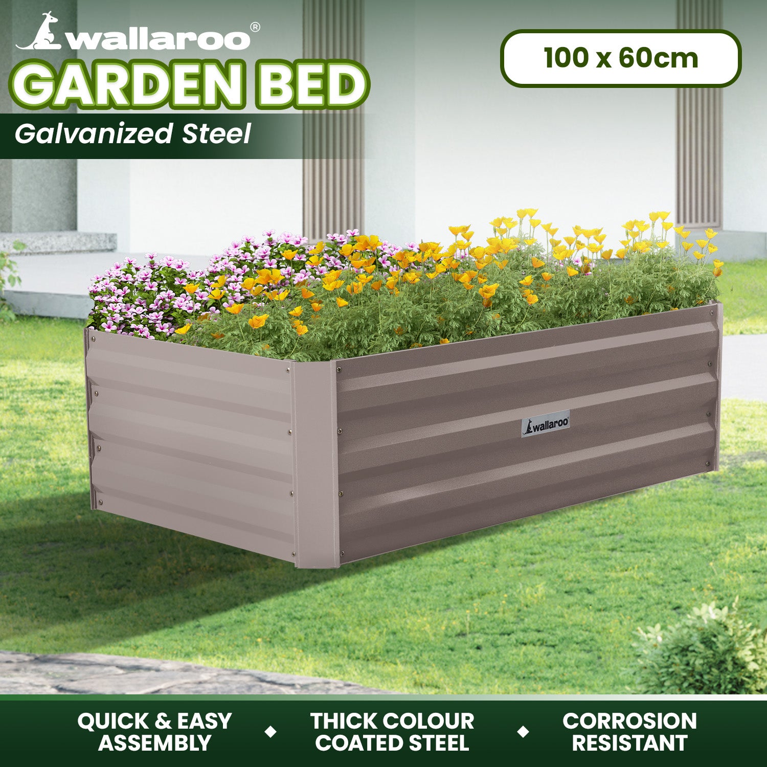 Wallaroo Garden Bed 100 x 60 x 30cm Galvanized Steel - Grey - SILBERSHELL