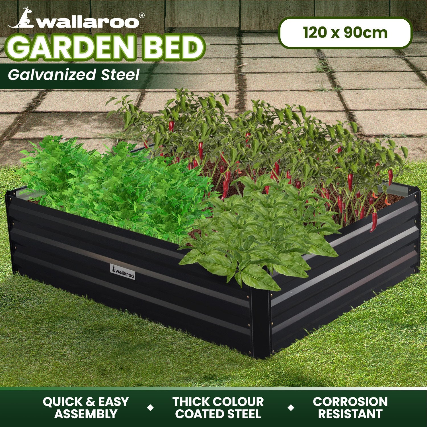 Wallaroo Garden Bed 120 x 90 x 30cm Galvanized Steel - Black - SILBERSHELL