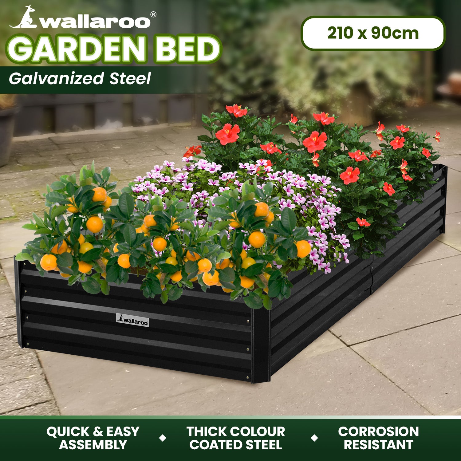 Wallaroo Garden Bed 210 x 90 x 30cm Galvanized Steel - Black - SILBERSHELL