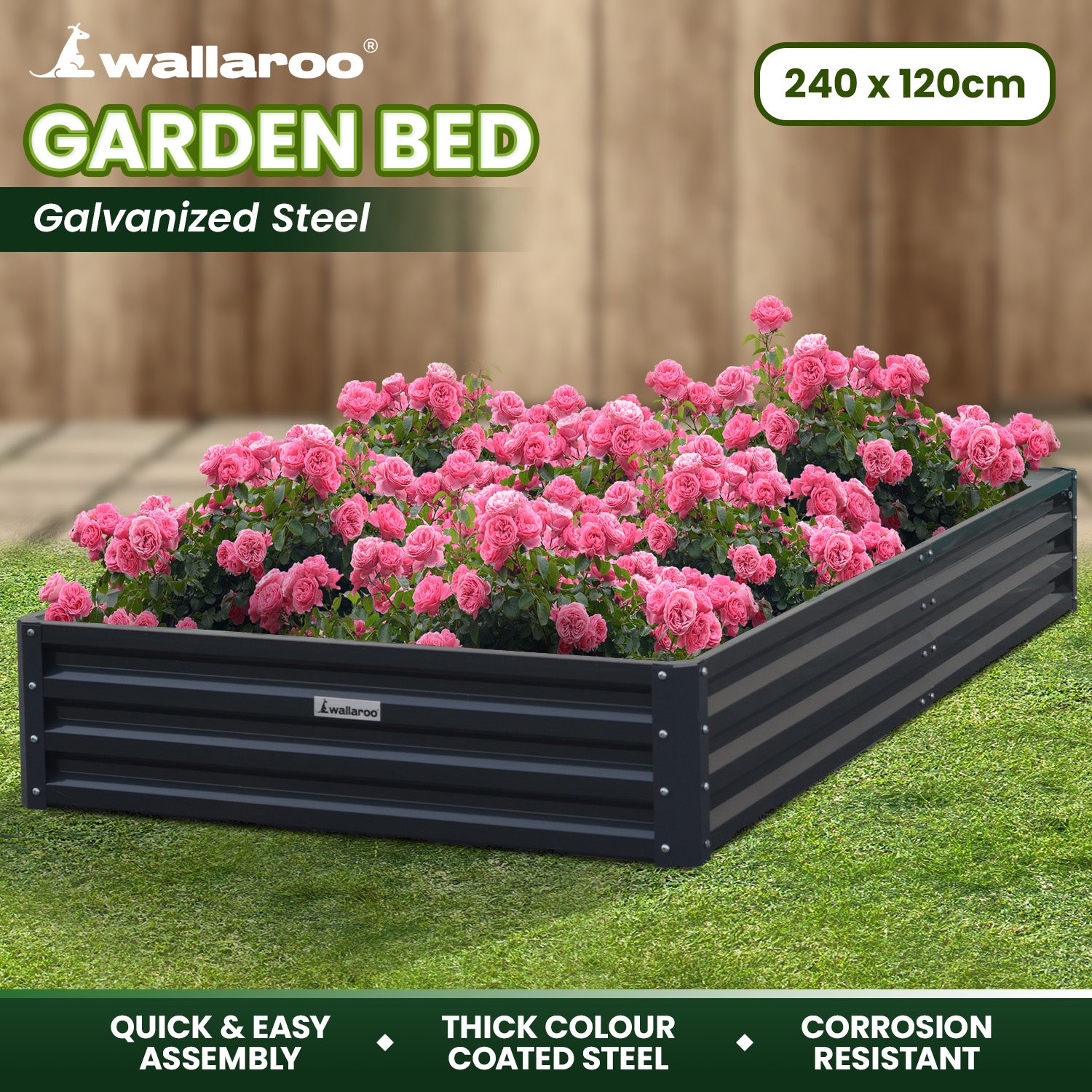 Wallaroo Garden Bed 240 x 120 x 30cm Galvanized Steel - Black - SILBERSHELL
