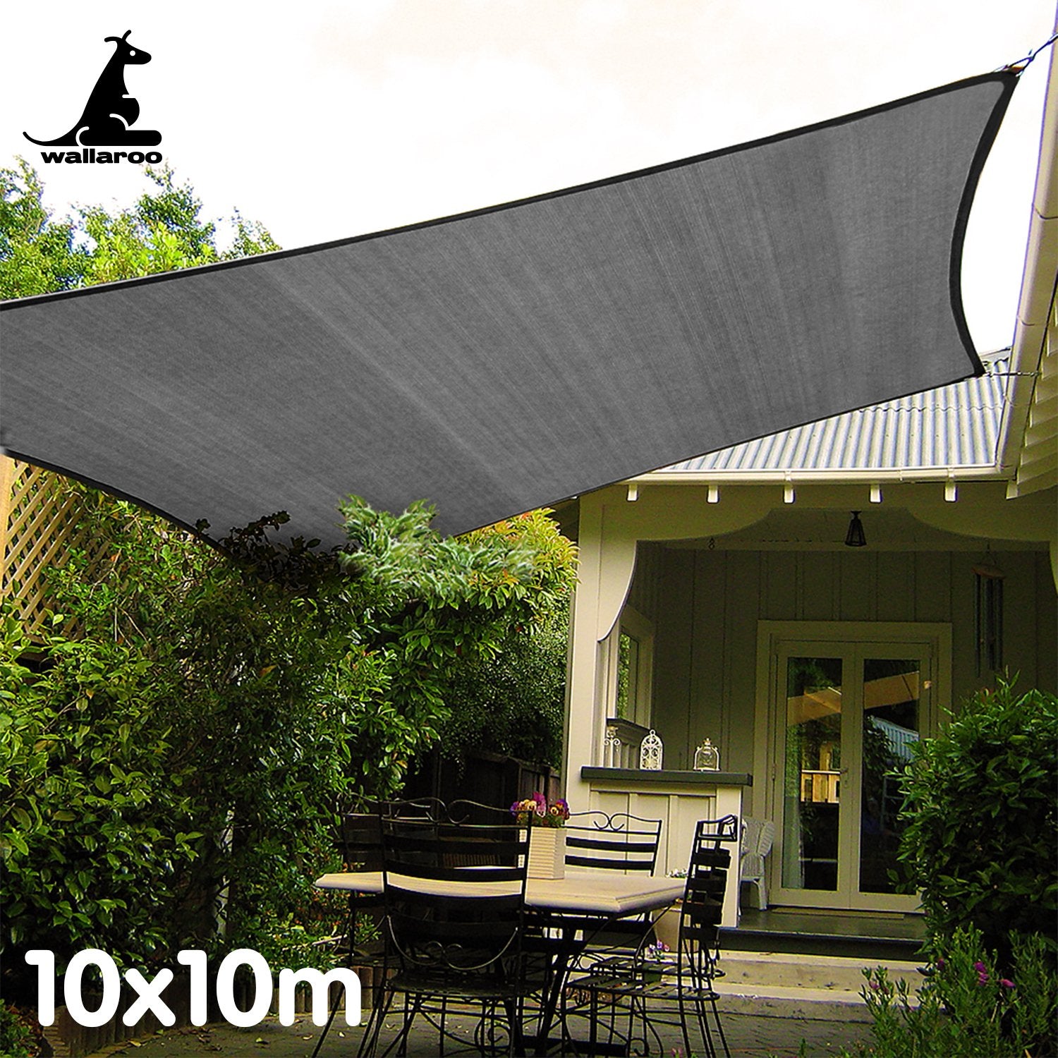 Wallaroo Outdoor Sun Shade Sail Canopy Grey Square 10 x 10M - SILBERSHELL