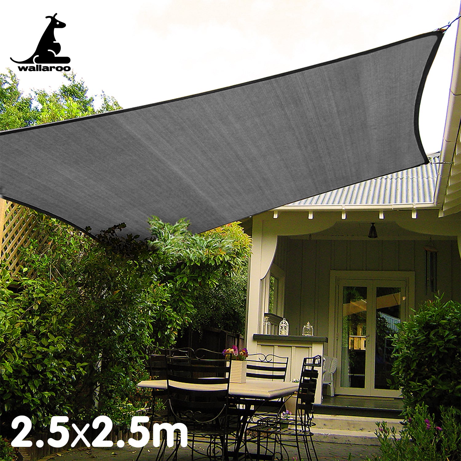 Wallaroo Outdoor Sun Shade Sail Canopy Grey Square 2.5 x 2.5M - SILBERSHELL