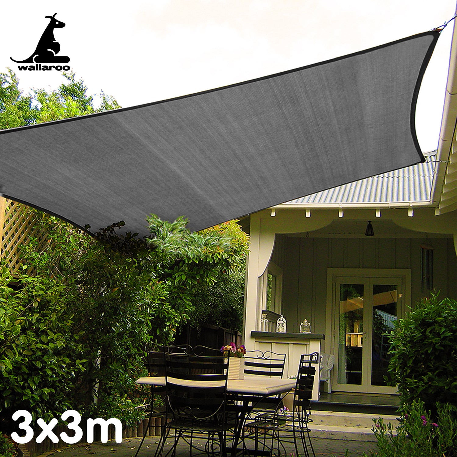 Wallaroo Outdoor Sun Shade Sail Canopy Grey Square 3 x 3M - SILBERSHELL