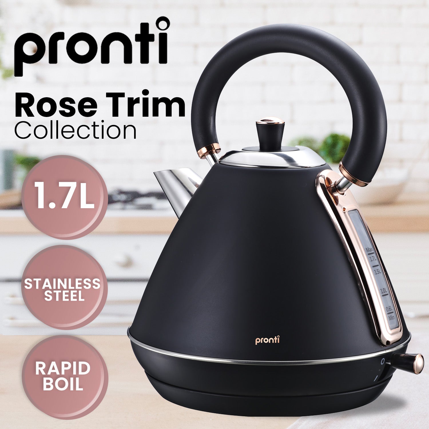 Pronti 1.7L Rose Trim Collection Kettle - Black - SILBERSHELL