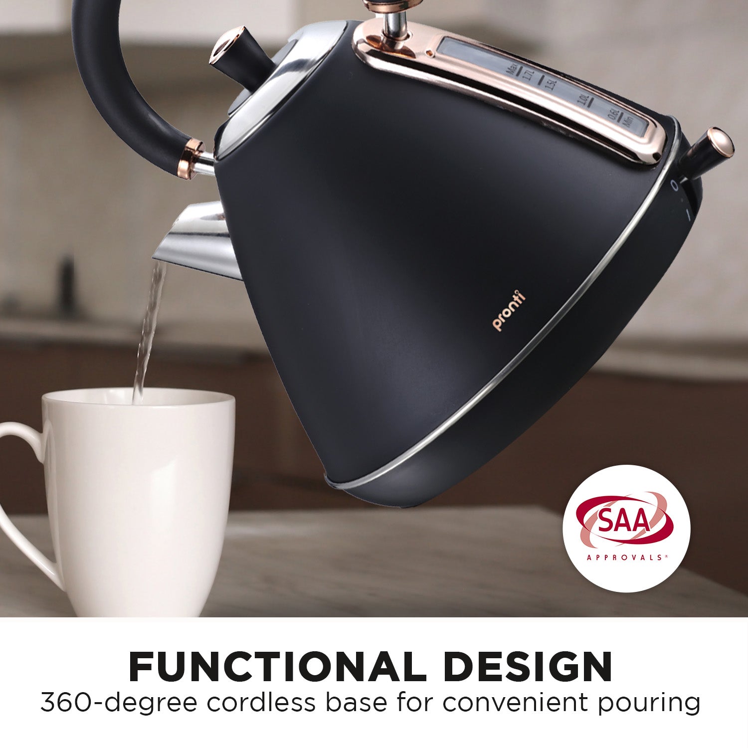 Pronti 1.7L Rose Trim Collection Kettle - Black - SILBERSHELL