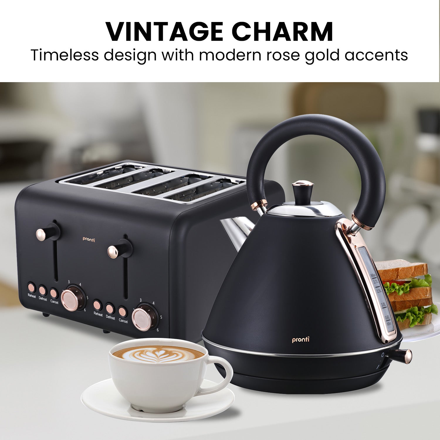 Pronti Rose Trim Collection Toaster & Kettle Bundle - Black - SILBERSHELL