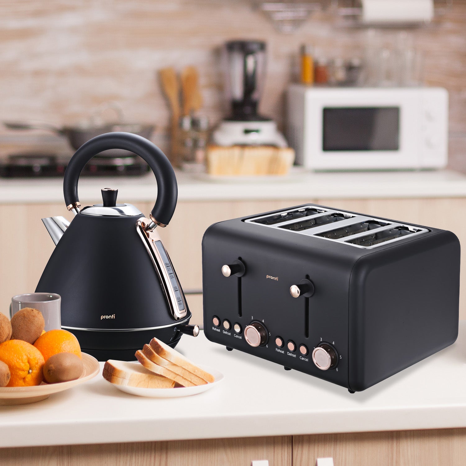 Pronti Rose Trim Collection Toaster & Kettle Bundle - Black - SILBERSHELL