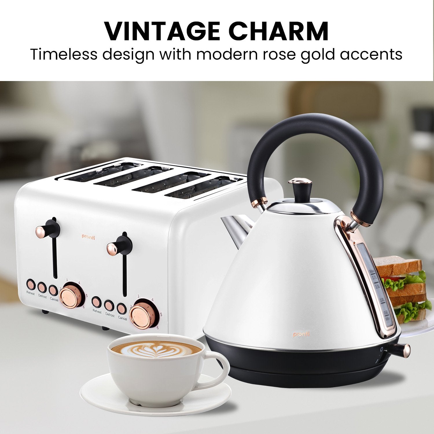 Pronti Rose Trim Collection Toaster & Kettle Bundle - White - SILBERSHELL