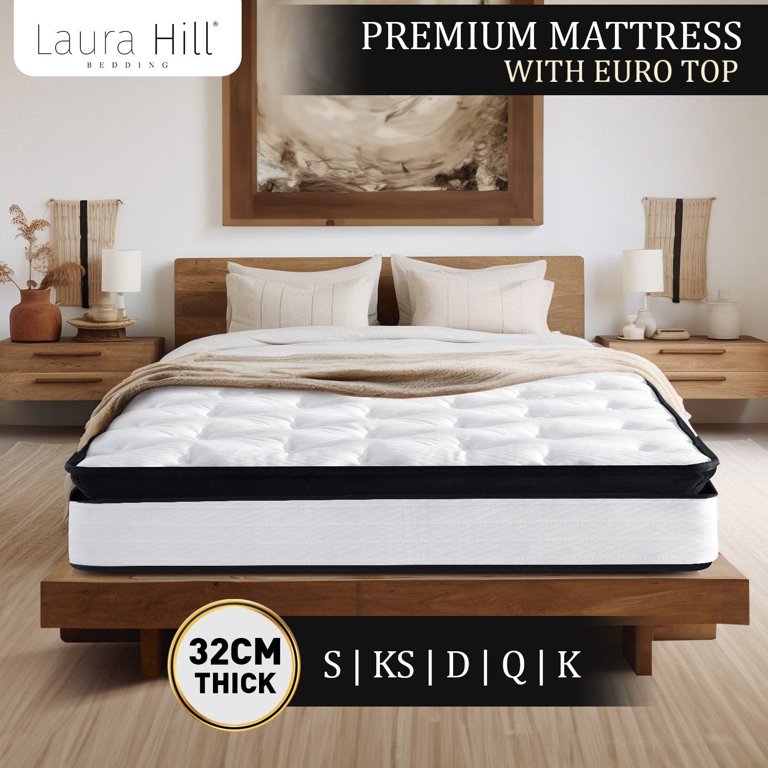 Laura Hill King Single Mattress Bed Size Euro Top 5 Zone Spring Foam 32cm - SILBERSHELL