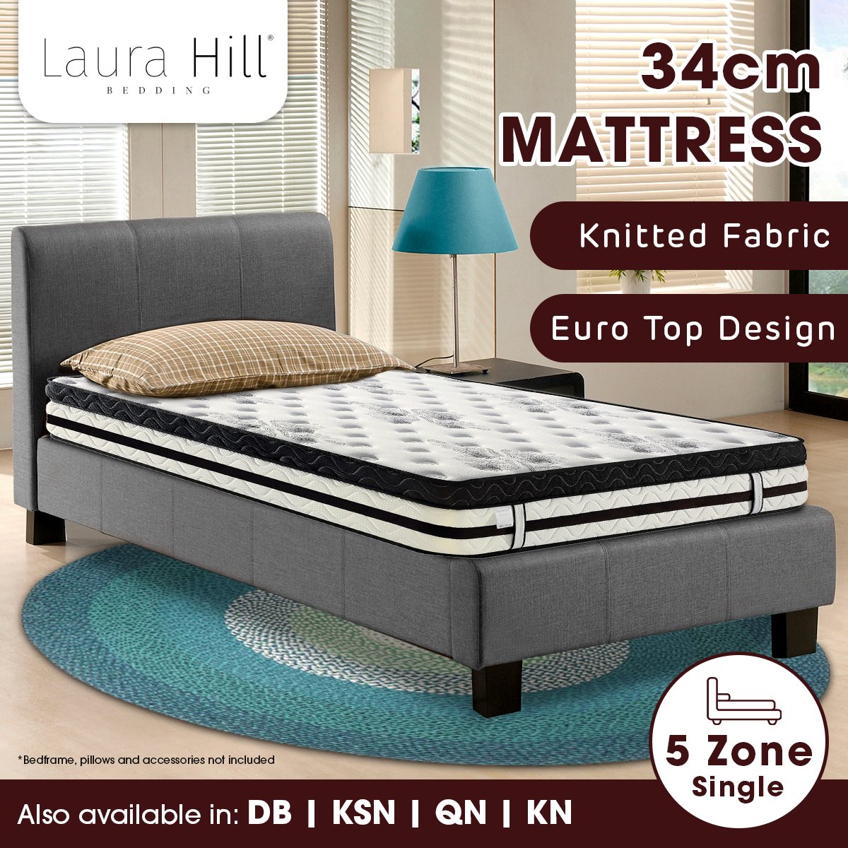 Laura Hill Single Mattress Bed Size Euro Top 5 Zone Spring Foam 34cm Bedding - SILBERSHELL