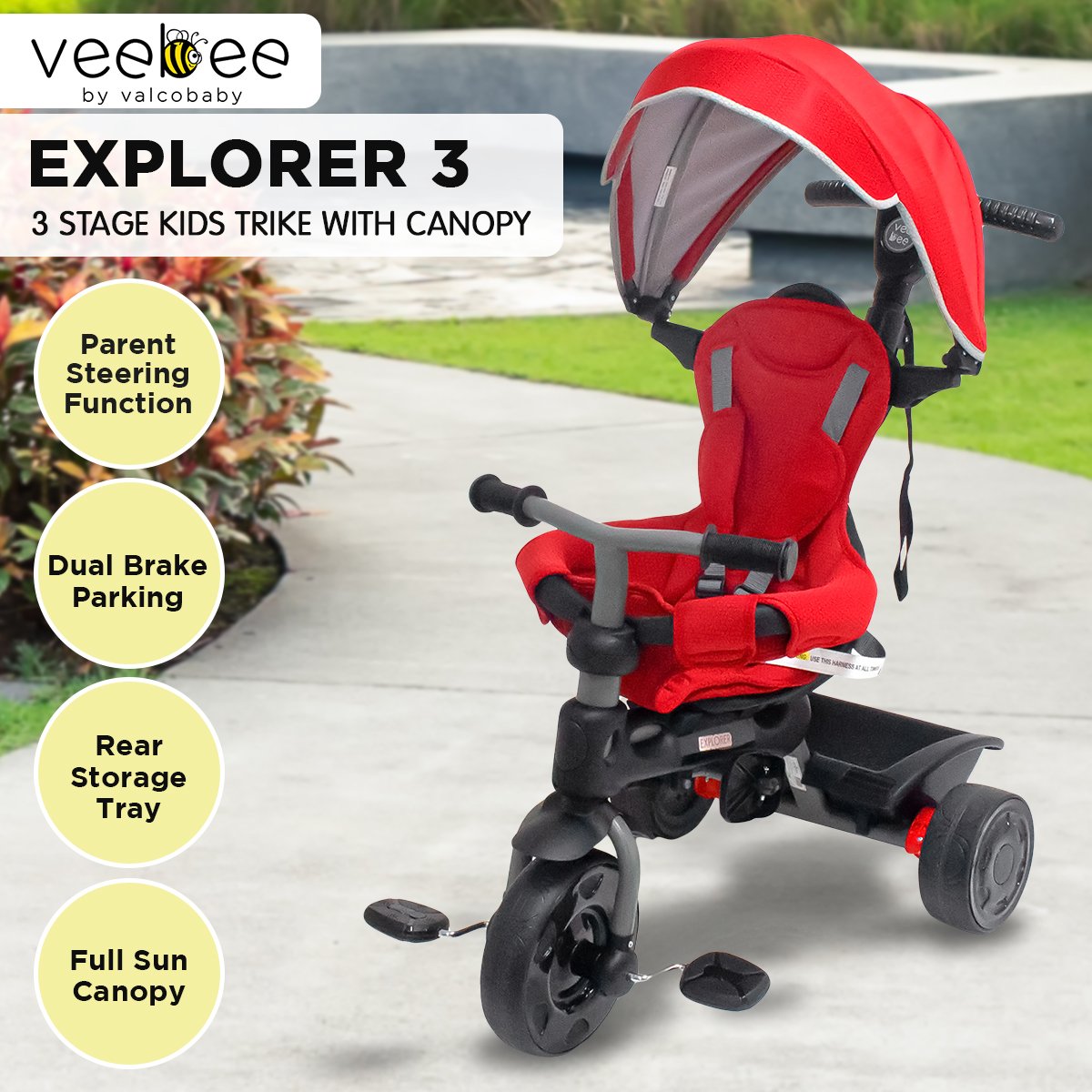 Veebee Explorer 3-stage Kids Trike With Canopy - Red - SILBERSHELL