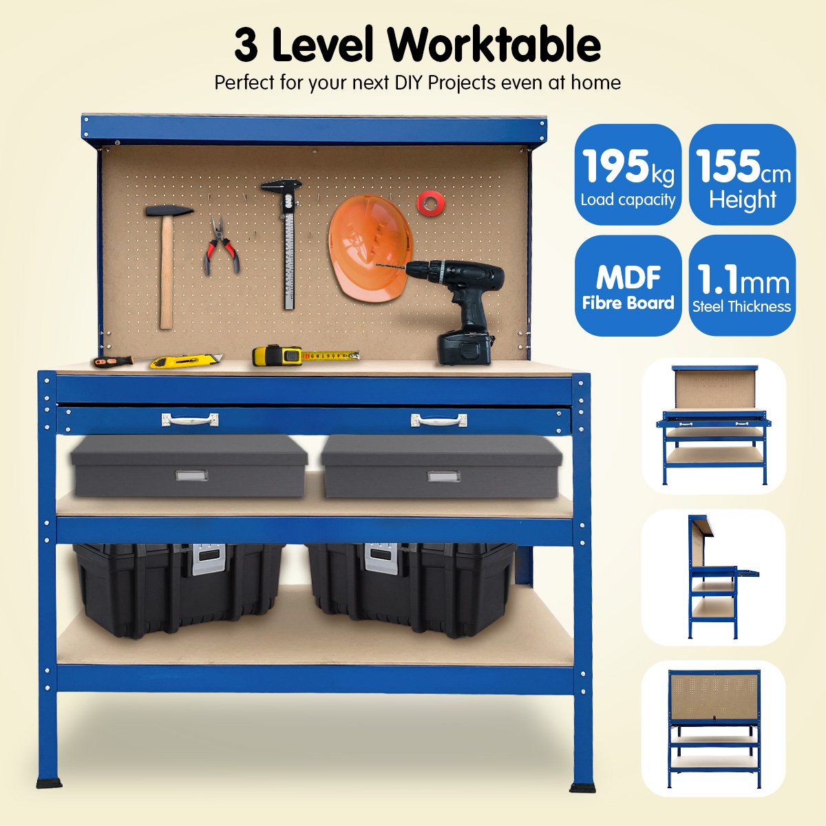 Kartrite 3-layered Work Bench Garage Storage Table Tool Shop Shelf - SILBERSHELL