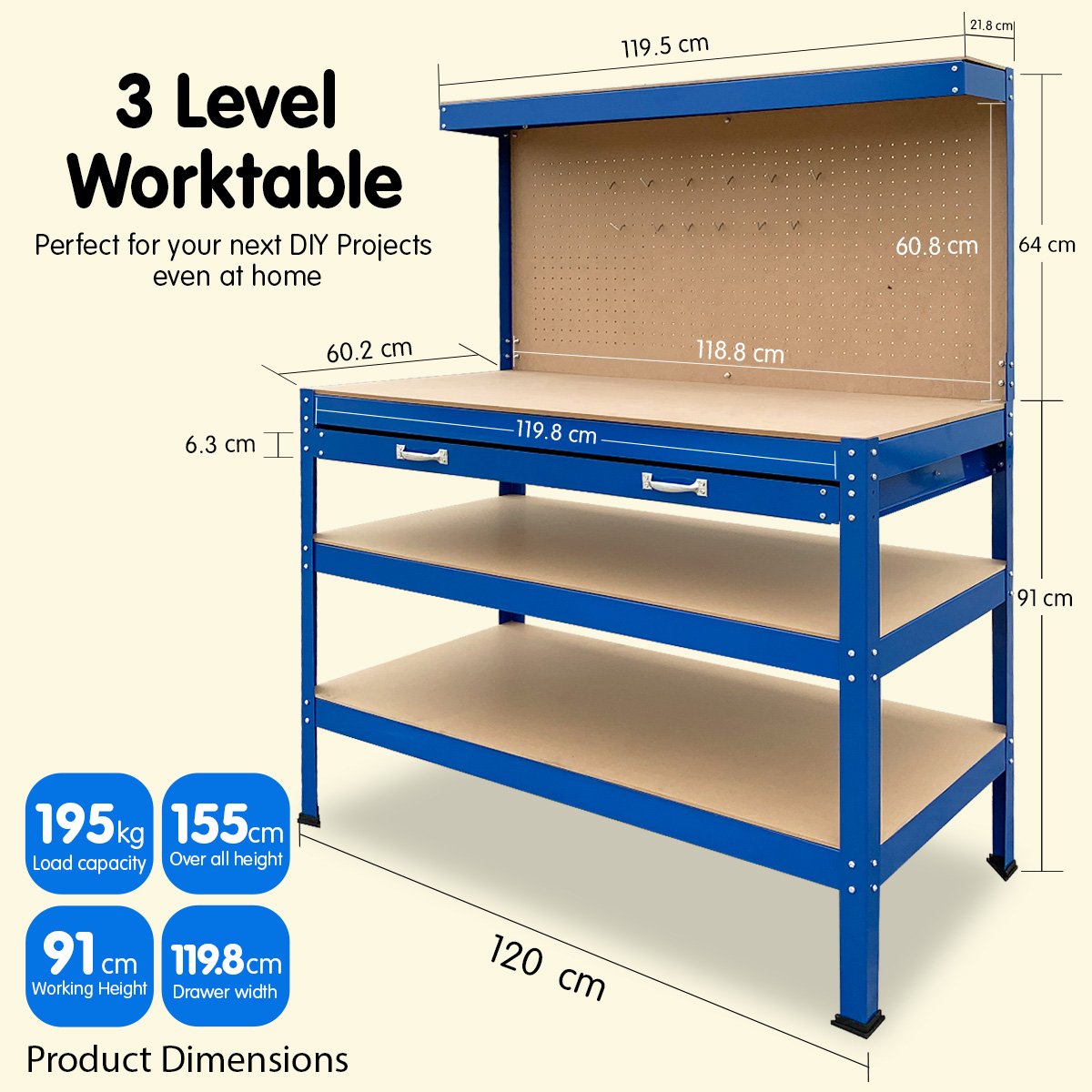 Kartrite 3-layered Work Bench Garage Storage Table Tool Shop Shelf - SILBERSHELL