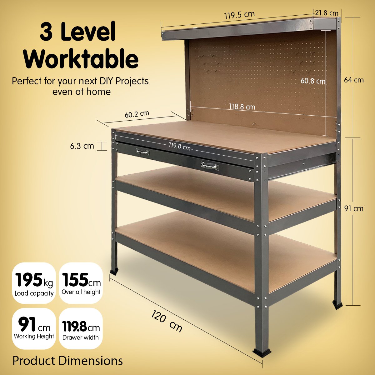 Kartrite 3-layered Work Bench Garage Storage Table Tool Shop Shelf Silver - SILBERSHELL