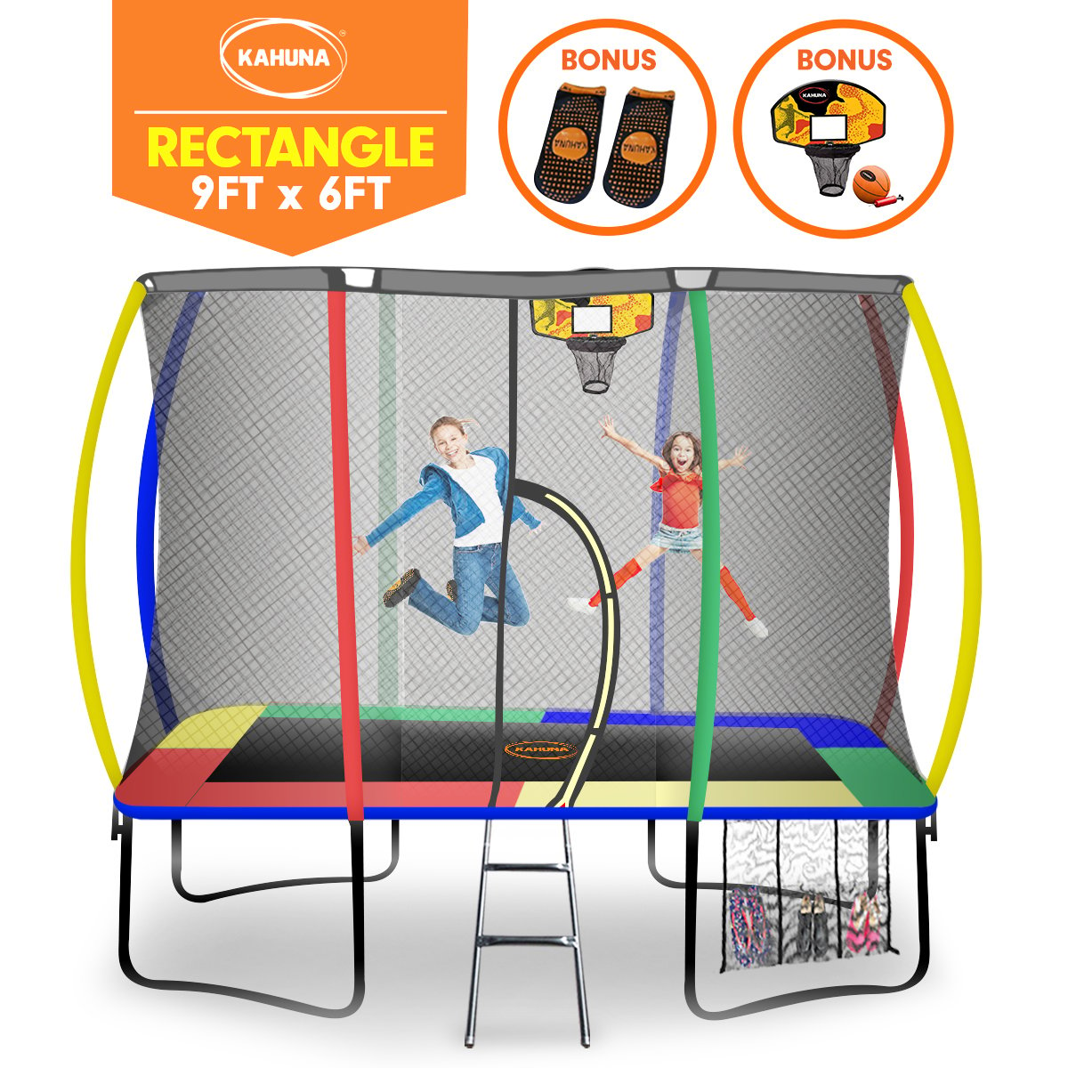 Kahuna 6ft X 9ft Outdoor Rectangular Rainbow Trampoline Safety Enclosure And Basketball Hoop Set - SILBERSHELL