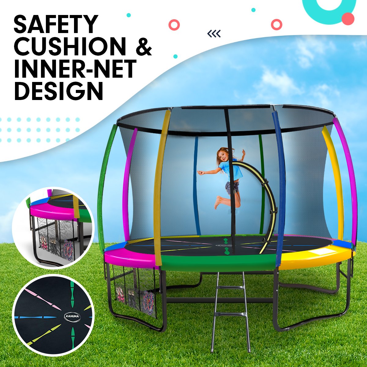 Kahuna 8ft Outdoor Rainbow Trampoline For Kids And Children Suited For Fitness Exercise Gymnastics With Safety Enclosure - SILBERSHELL