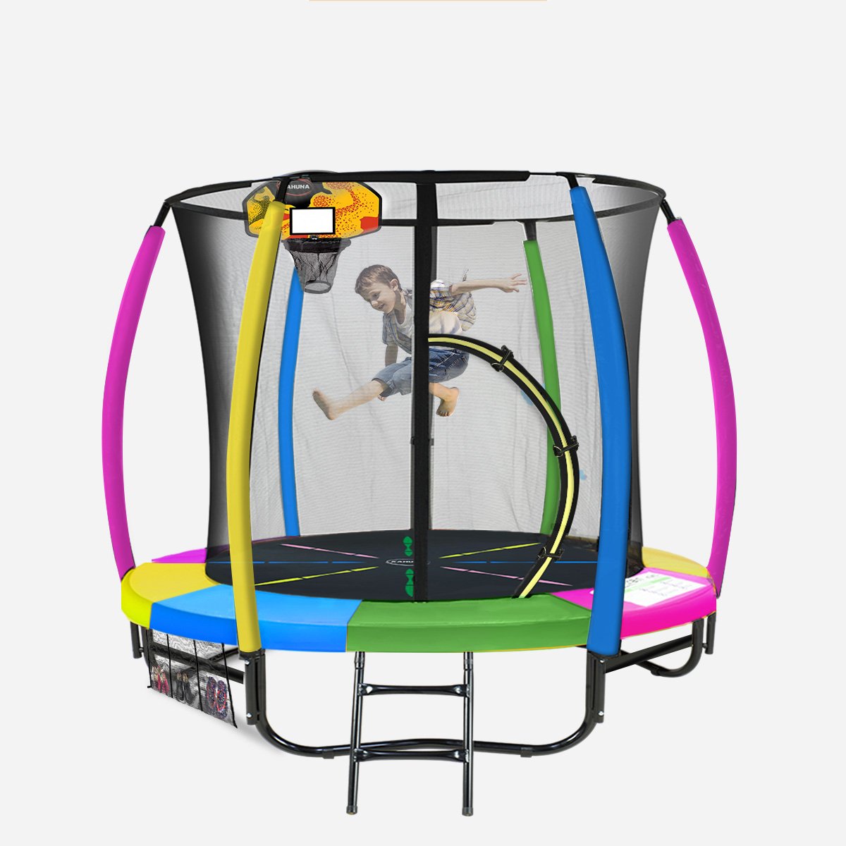 Kahuna 8ft Outdoor Trampoline Kids Children With Safety Enclosure Mat Pad Net Ladder Basketball Hoop Set - Rainbow - SILBERSHELL