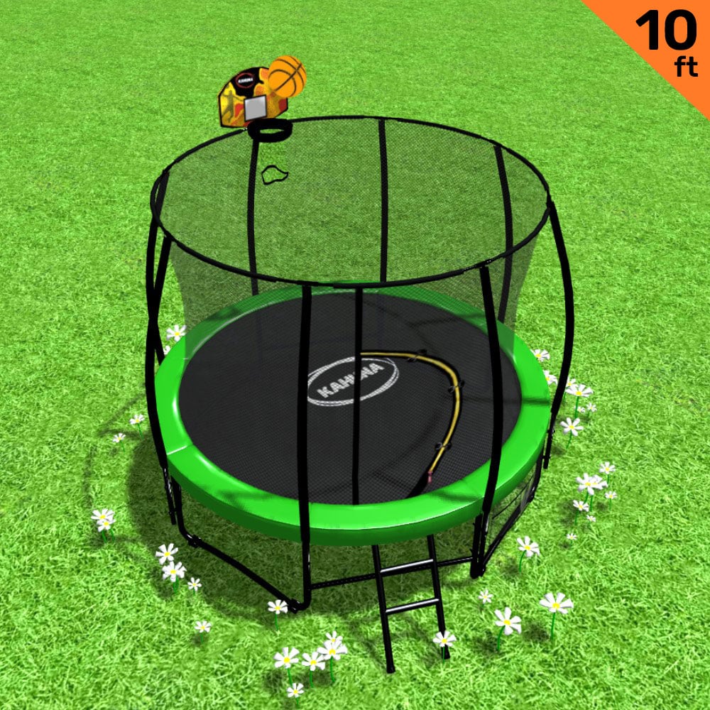 Kahuna 10ft Outdoor Trampoline With Safety Enclosure Pad Ladder Basketball Hoop Set Green - SILBERSHELL