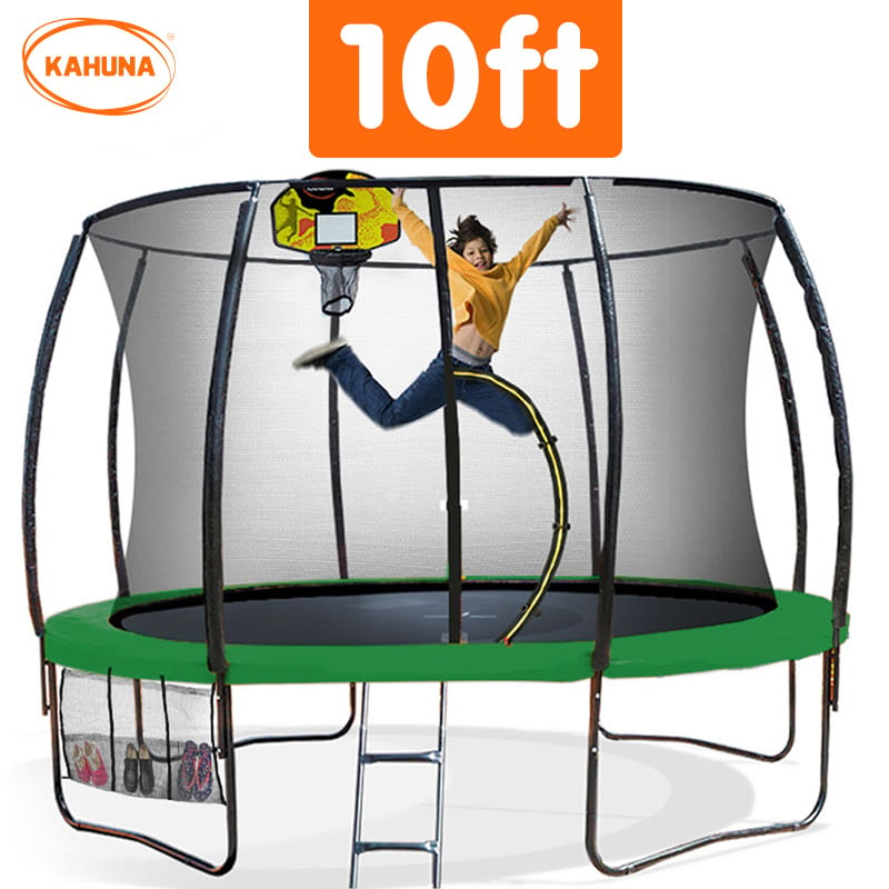 Kahuna 10ft Outdoor Trampoline With Safety Enclosure Pad Ladder Basketball Hoop Set Green - SILBERSHELL