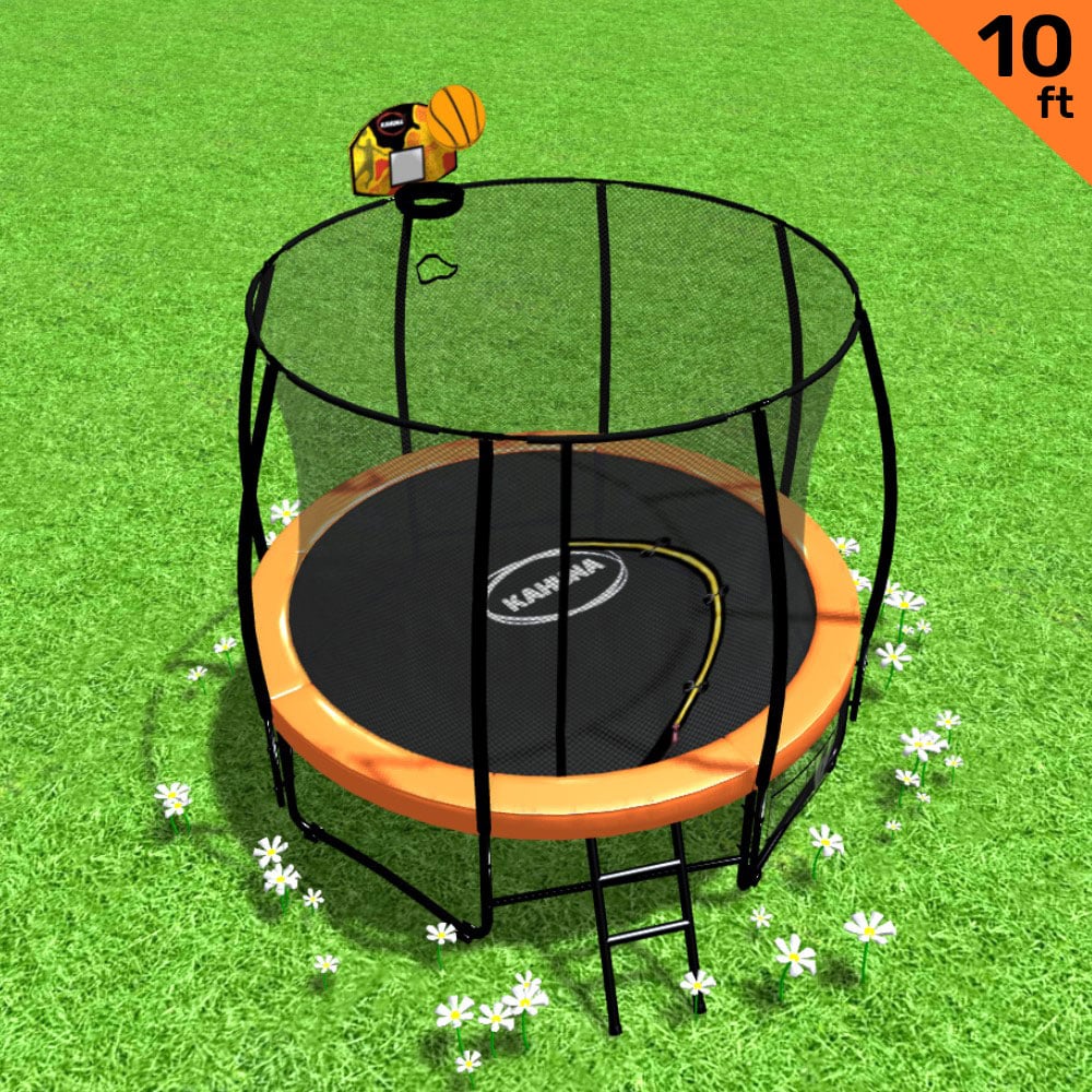 Kahuna 10ft Outdoor Trampoline Kids Children With Safety Enclosure Mat Pad Net Ladder Basketball Hoop Set - Orange - SILBERSHELL