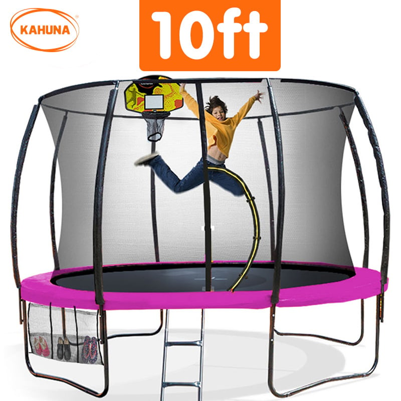 Kahuna 10ft Outdoor Trampoline With Safety Enclosure Pad Ladder Basketball Hoop Set Pink - SILBERSHELL