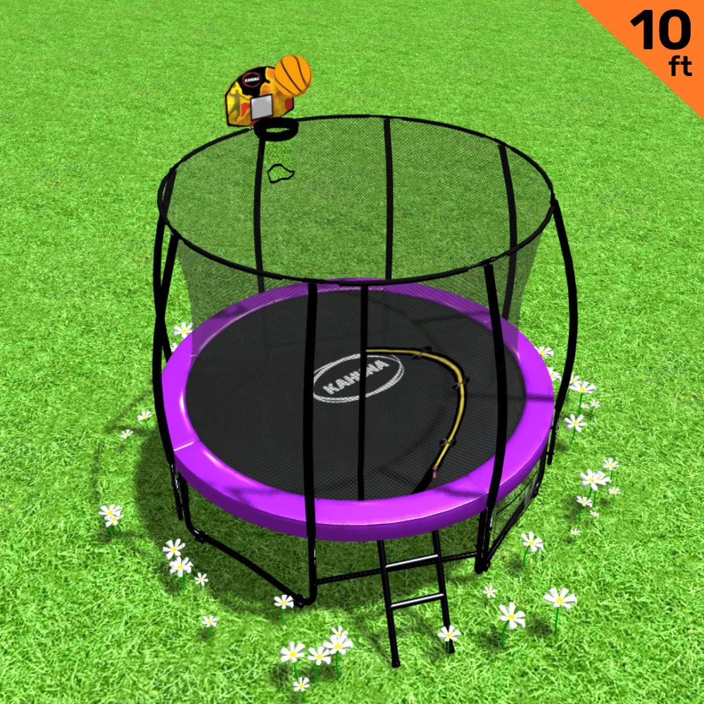 Kahuna 10ft Outdoor Trampoline With Safety Enclosure Pad Ladder Basketball Hoop Set Purple - SILBERSHELL