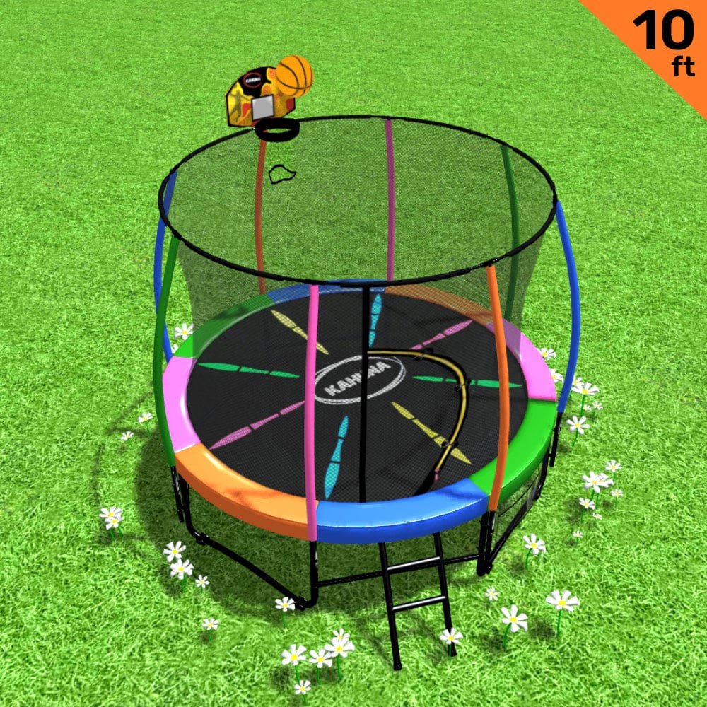 Kahuna 10ft Outdoor Trampoline Kids Children With Safety Enclosure Pad Mat Ladder Basketball Hoop Set - Rainbow - SILBERSHELL