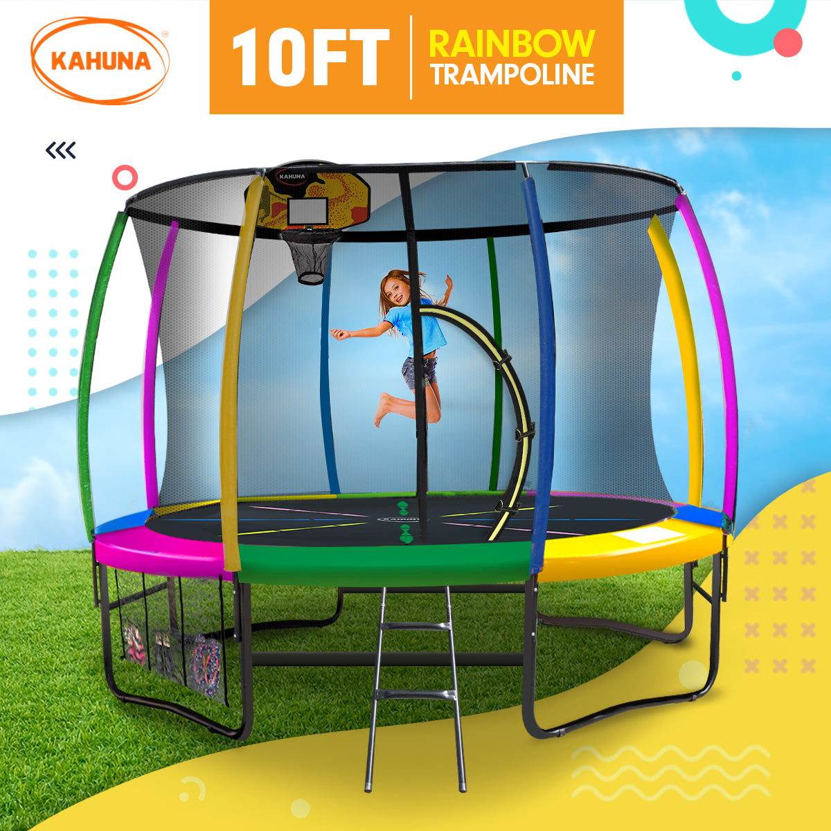 Kahuna 10ft Outdoor Trampoline Kids Children With Safety Enclosure Pad Mat Ladder Basketball Hoop Set - Rainbow - SILBERSHELL