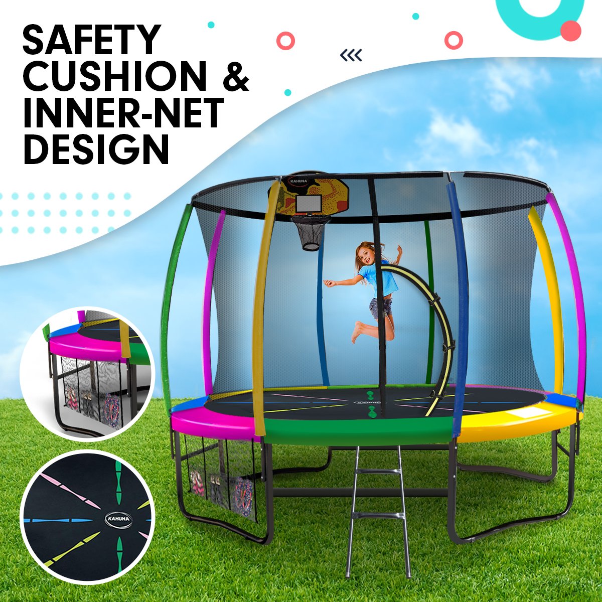 Kahuna 10ft Outdoor Trampoline Kids Children With Safety Enclosure Pad Mat Ladder Basketball Hoop Set - Rainbow - SILBERSHELL