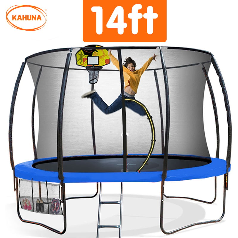 Kahuna 14ft Outdoor Trampoline Kids Children With Safety Enclosure Pad Mat Ladder Basketball Hoop Set - Blue - SILBERSHELL