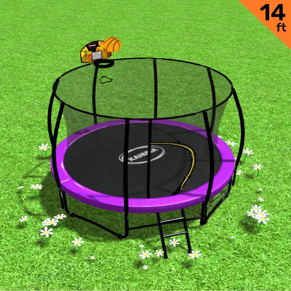 Kahuna 14ft Outdoor Trampoline Kids Children With Safety Enclosure Pad Mat Ladder Basketball Hoop Set - Purple - SILBERSHELL