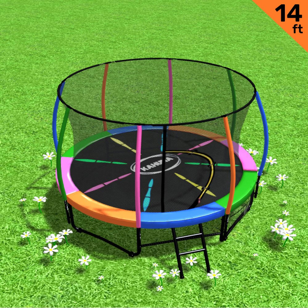 Kahuna 14ft Trampoline Free Ladder Spring Mat Net Safety Pad Cover Round Enclosure - Rainbow - SILBERSHELL