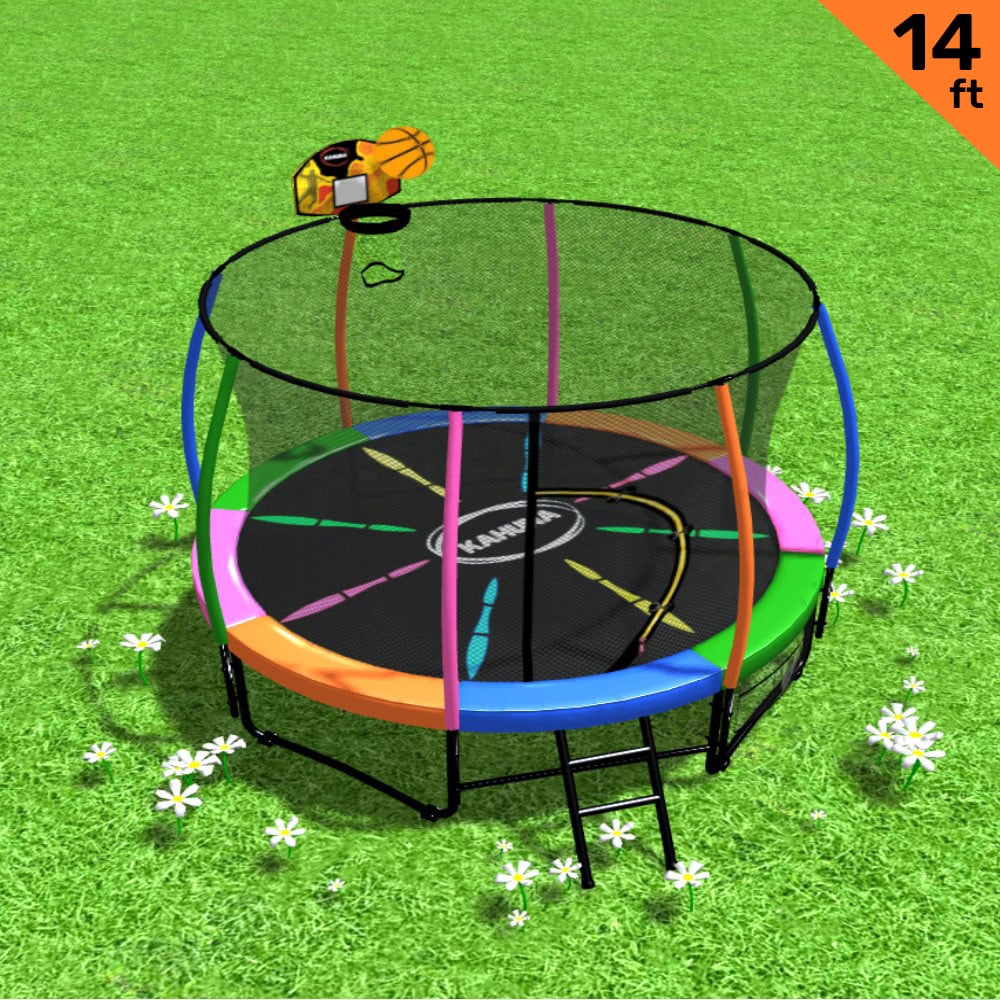 Kahuna 14ft Outdoor Trampoline Kids Children With Safety Enclosure Pad Mat Ladder Basketball Hoop Set - Rainbow - SILBERSHELL
