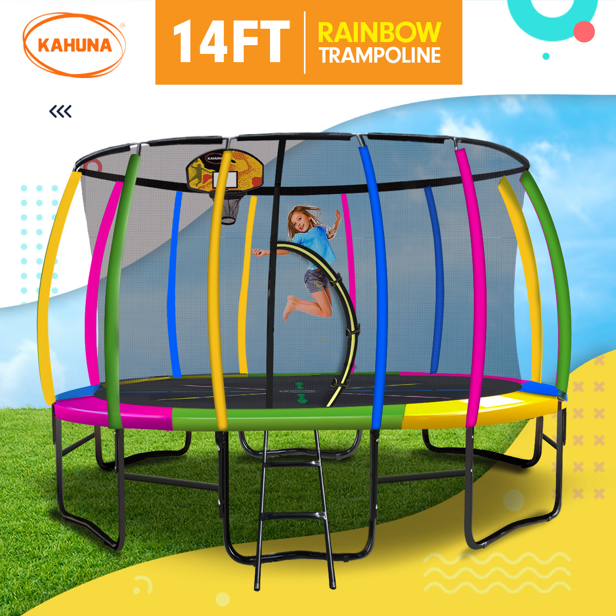 Kahuna 14ft Outdoor Trampoline Kids Children With Safety Enclosure Pad Mat Ladder Basketball Hoop Set - Rainbow - SILBERSHELL