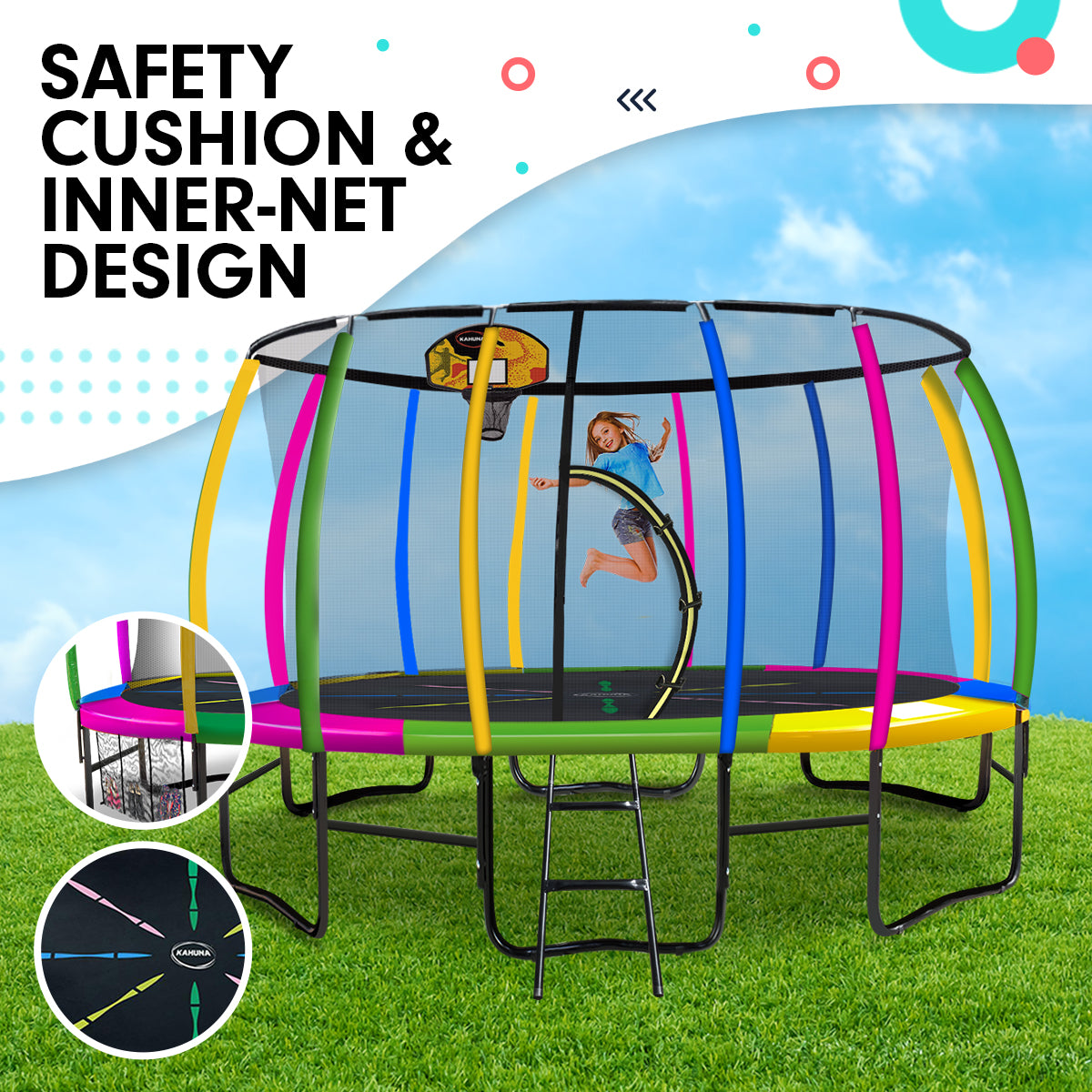 Kahuna 14ft Outdoor Trampoline Kids Children With Safety Enclosure Pad Mat Ladder Basketball Hoop Set - Rainbow - SILBERSHELL