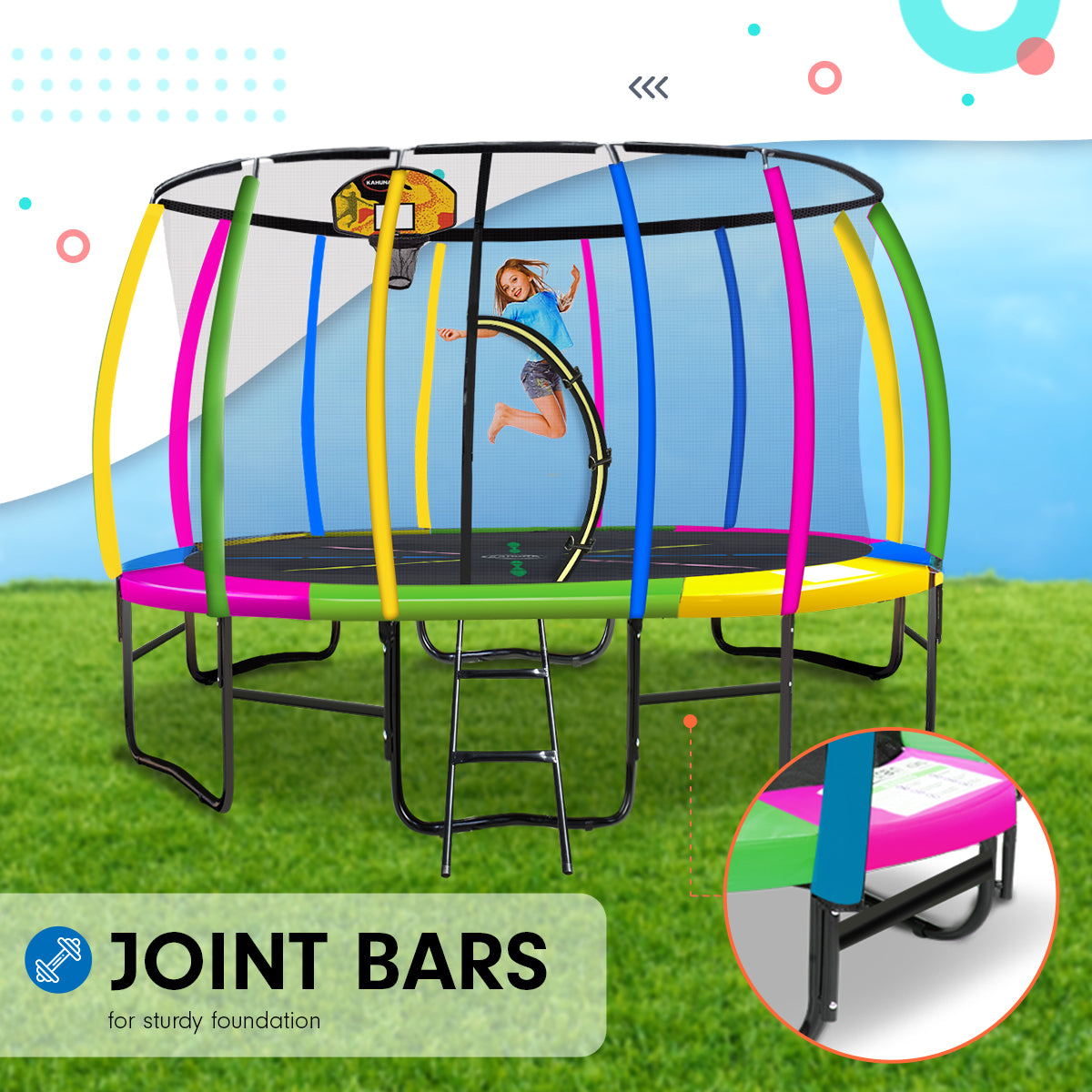 Kahuna 14ft Outdoor Trampoline Kids Children With Safety Enclosure Pad Mat Ladder Basketball Hoop Set - Rainbow - SILBERSHELL