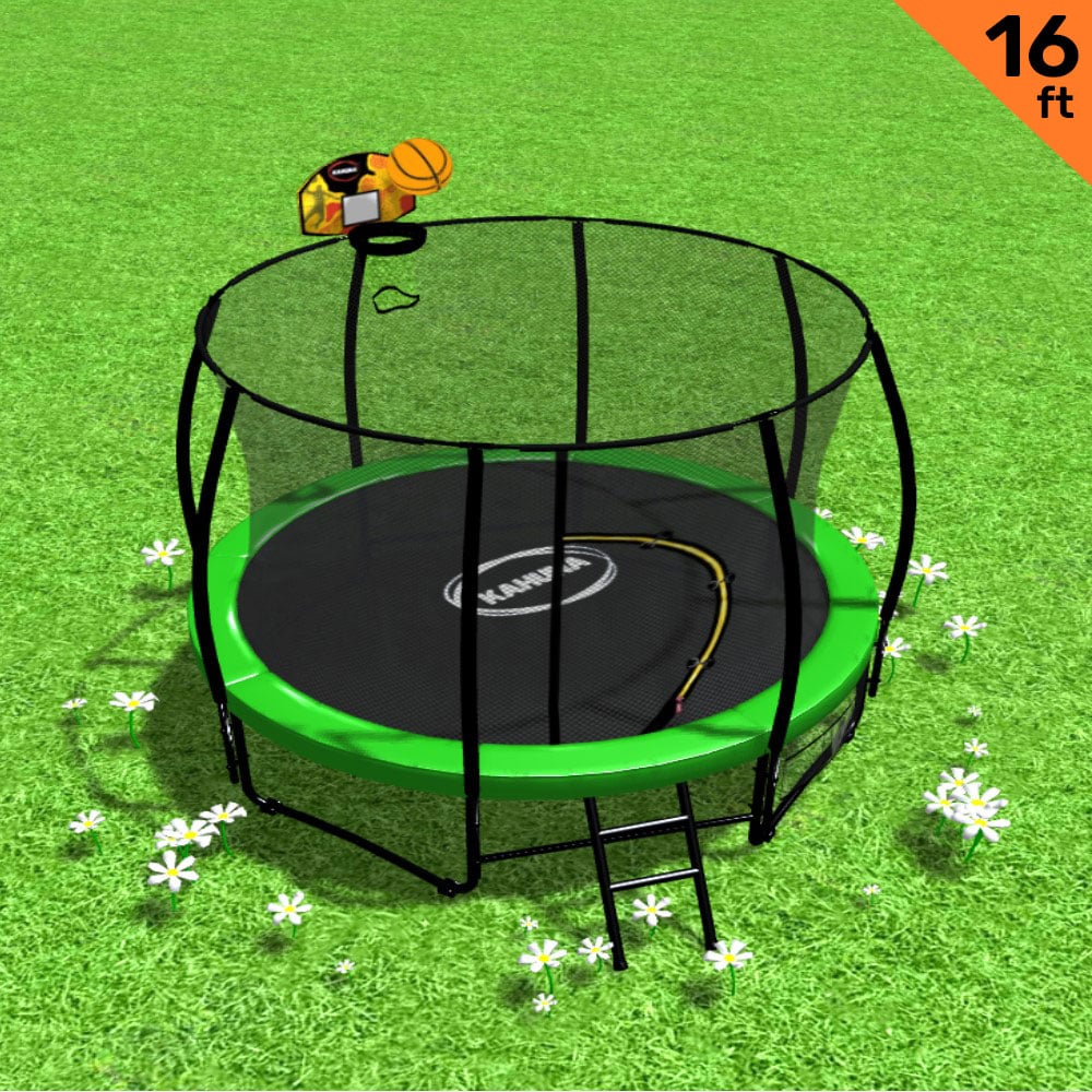 Kahuna 16ft Outdoor Trampoline Kids Children With Safety Enclosure Pad Mat Ladder Basketball Hoop Set - Green - SILBERSHELL