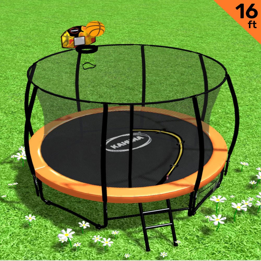 Kahuna 16ft Outdoor Trampoline Kids Children With Safety Enclosure Pad Mat Ladder Basketball Hoop Set - Orange - SILBERSHELL