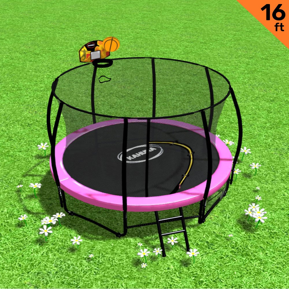 Kahuna 16ft Outdoor Trampoline Kids Children With Safety Enclosure Pad Mat Ladder Basketball Hoop Set - Pink - SILBERSHELL