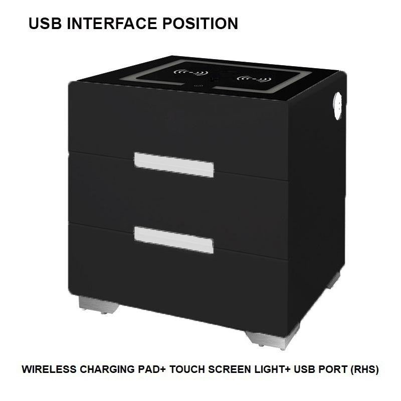 Smart Bedside Tables Side 3 Drawers Wireless Charging USB Left Hand Nightstand LED Light AU Black - SILBERSHELL