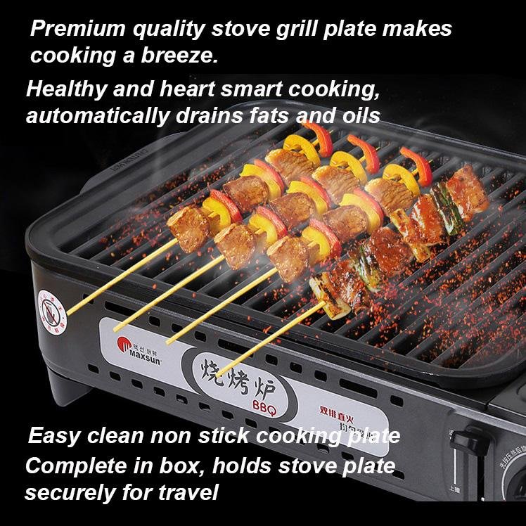 Portable Gas BBQ Stove with PRO Grill Plate Outdoor Barbecue Cooking Burner Kit Butane Camping - SILBERSHELL