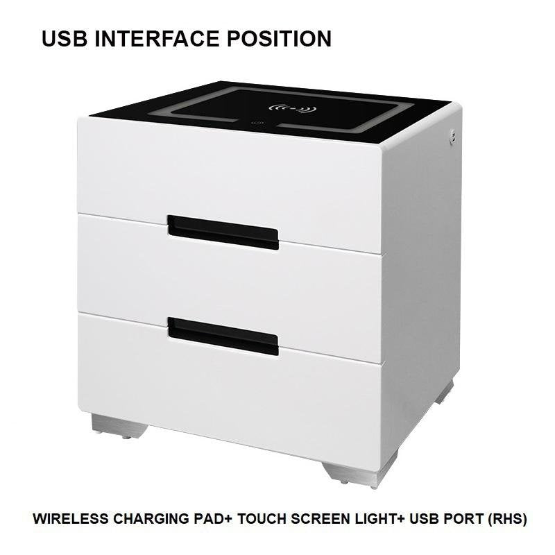 Smart Bedside Tables Side 3 Drawers Wireless Charging Nightstand LED Light USB Right Hand Connection - SILBERSHELL