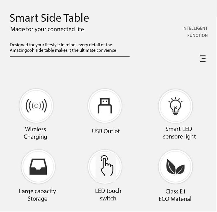 Smart Bedside Tables Side 3 Drawers Wireless Charging Nightstand LED Light USB Right Hand Connection - SILBERSHELL