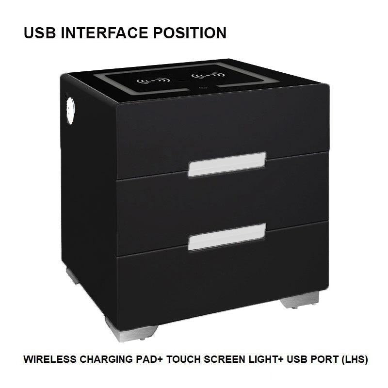 Smart Bedside Tables Side 3 Drawers Wireless Charging USB Left Hand Nightstand LED Light AU - SILBERSHELL