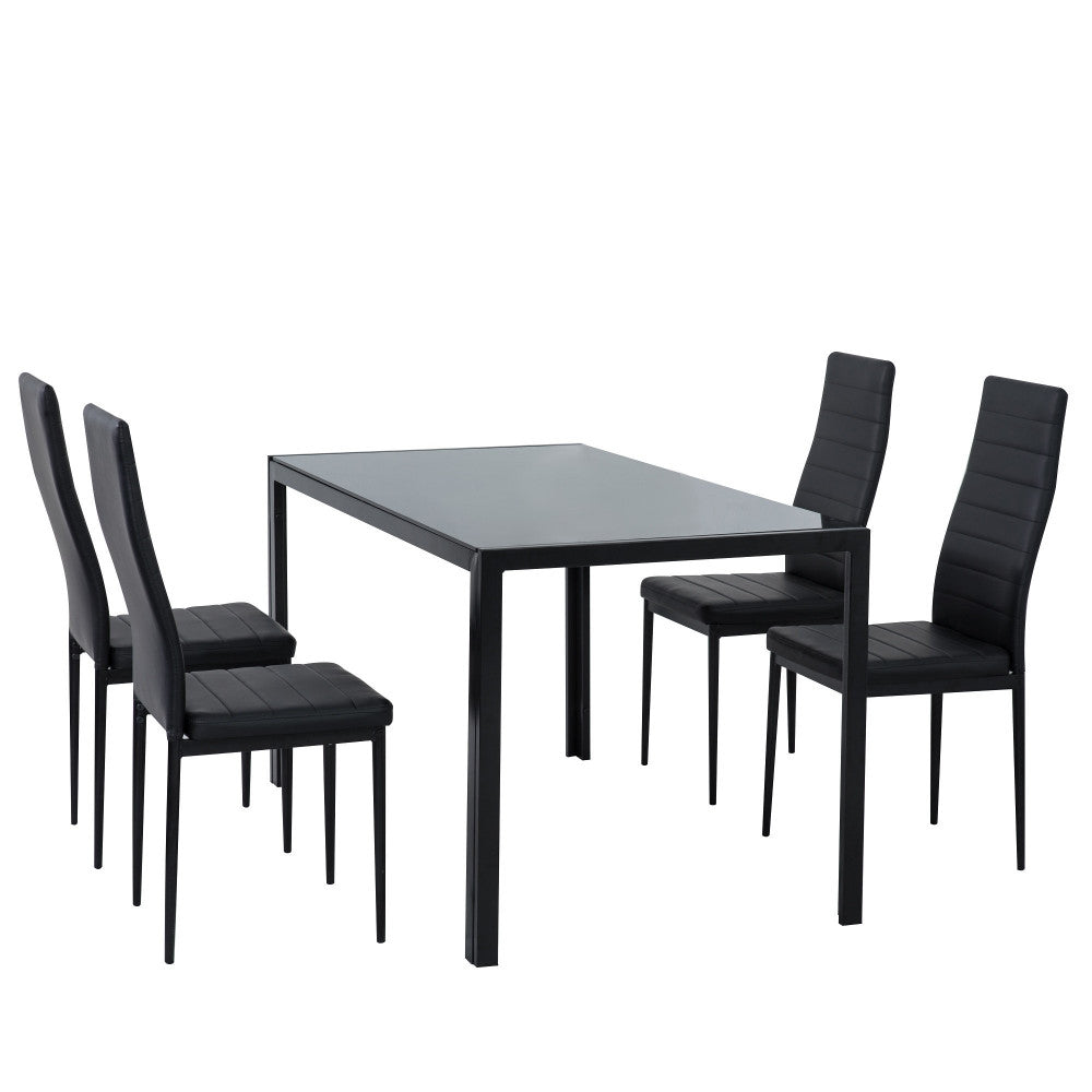 5PC Indoor Dining Table and Chairs Dinner Set Glass Leather Kitchen-Black - SILBERSHELL