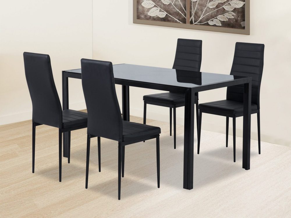 5PC Indoor Dining Table and Chairs Dinner Set Glass Leather Kitchen-Black - SILBERSHELL