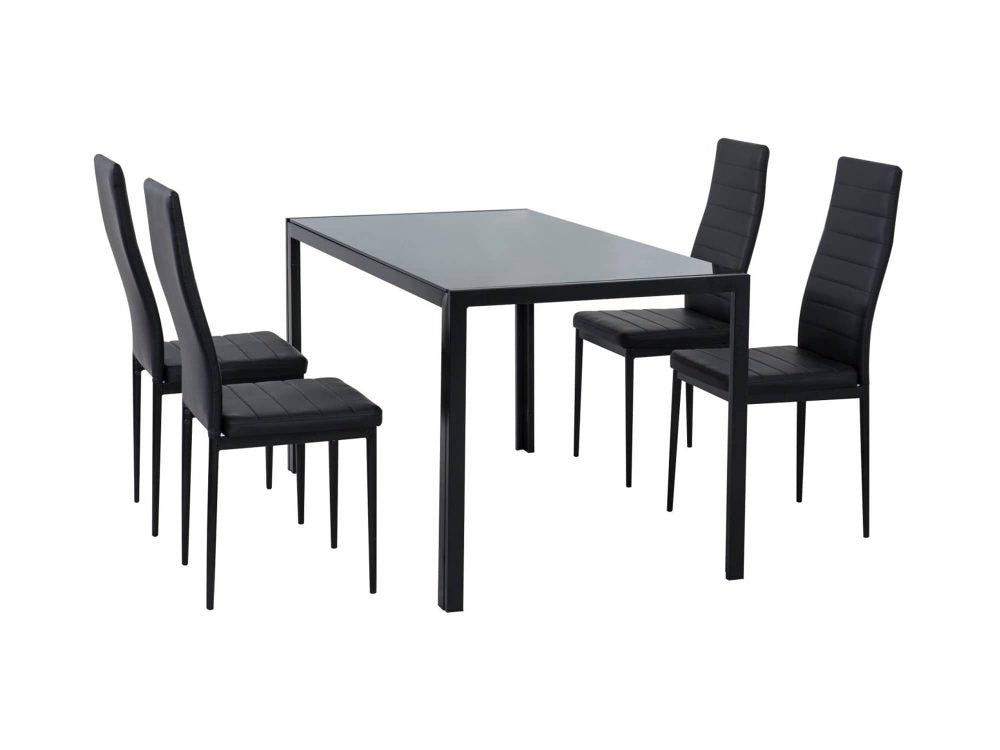 5PC Indoor Dining Table and Chairs Dinner Set Glass Leather Kitchen-Black - SILBERSHELL