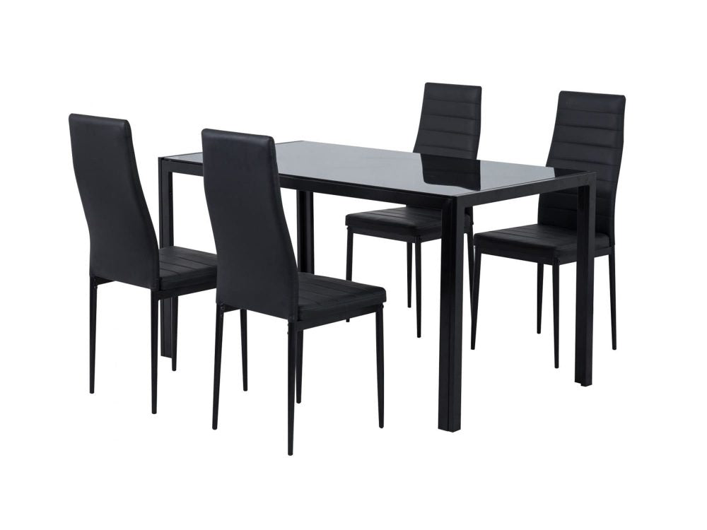 5PC Indoor Dining Table and Chairs Dinner Set Glass Leather Kitchen-Black - SILBERSHELL