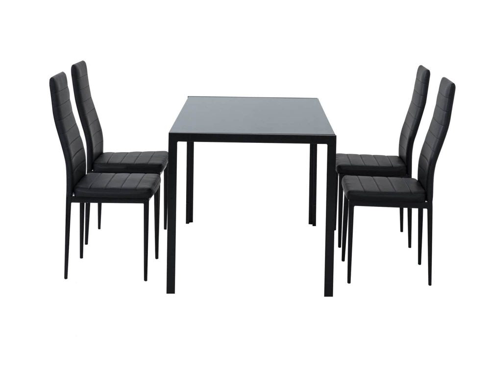 5PC Indoor Dining Table and Chairs Dinner Set Glass Leather Kitchen-Black - SILBERSHELL