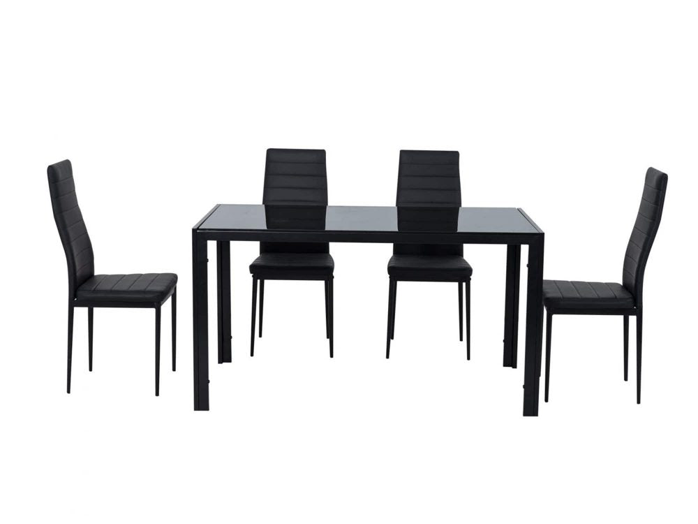 5PC Indoor Dining Table and Chairs Dinner Set Glass Leather Kitchen-Black - SILBERSHELL